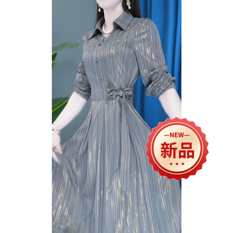 优雅收腰复古时尚长袖显瘦气质中长款修身连衣裙