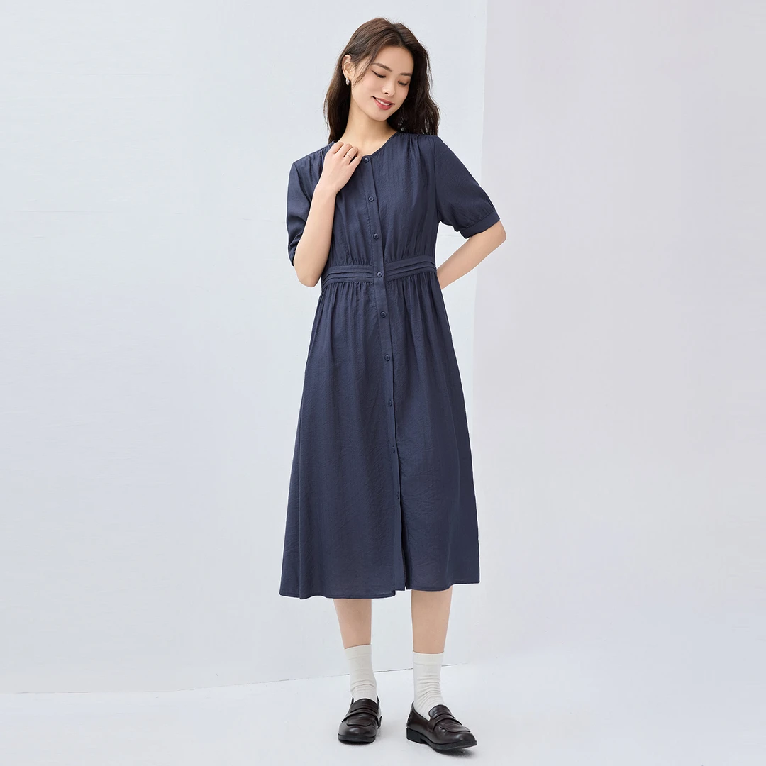 佐丹奴气质亲肤连衣裙女时尚压条收褶圆领夏短袖连衣裙 05465078