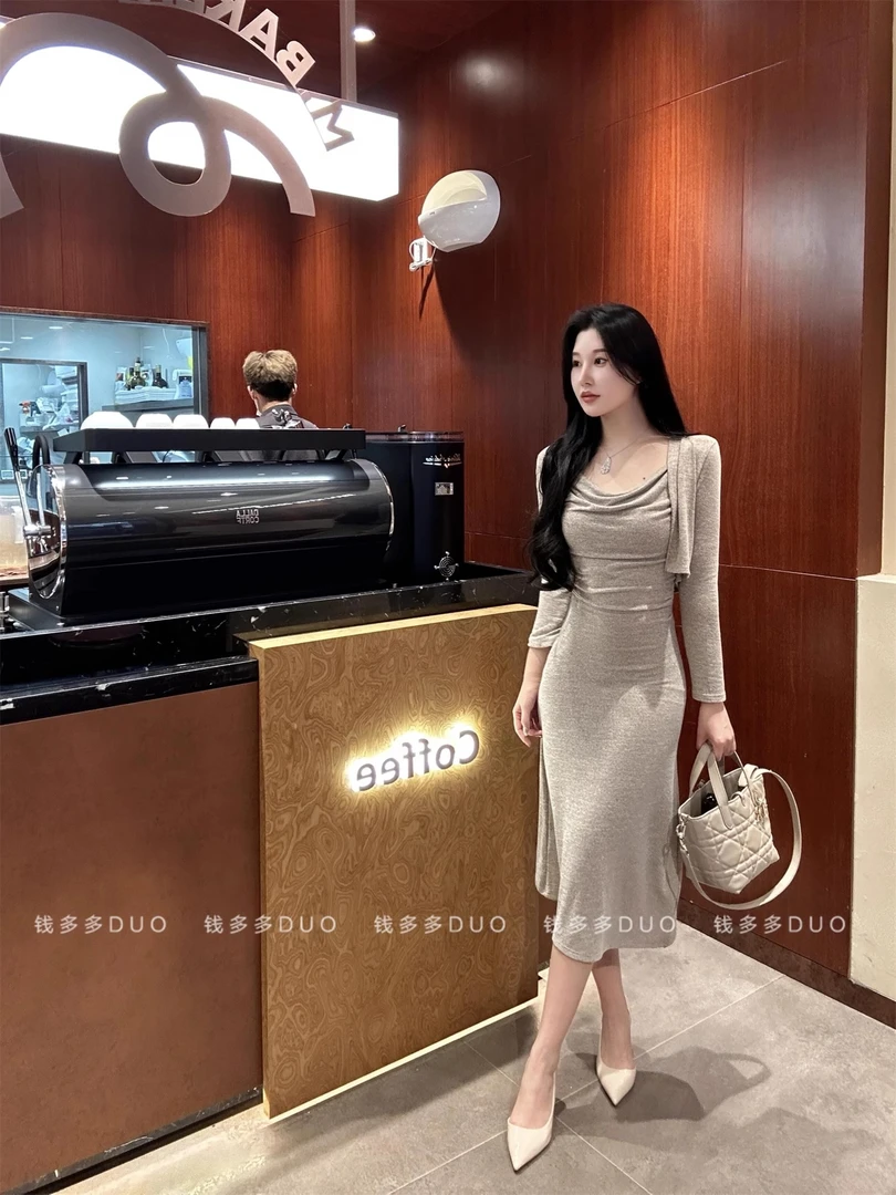 韩系早秋穿搭套装性感纯欲荡领吊带连衣裙长裙长袖外搭开衫两件套