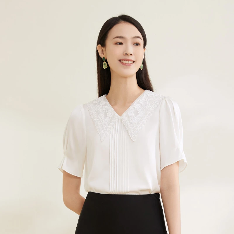 DI SETA90%桑蚕丝10%氨纶花边领小衫