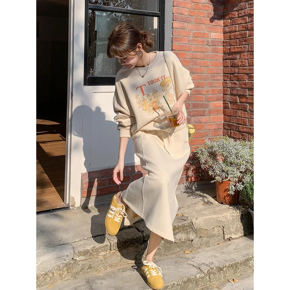 印花卫衣裙套装女春秋2025新款韩系减龄休闲半身裙时尚穿搭两件套