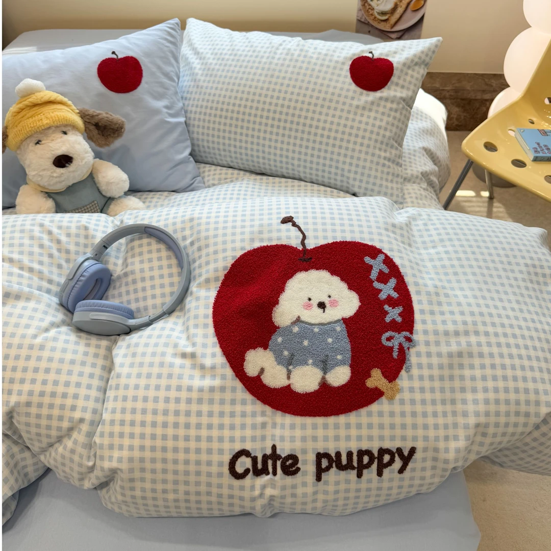 美玲 苹果狗+糖果小熊120支全棉加厚印花四件套小碎花小清新棉被