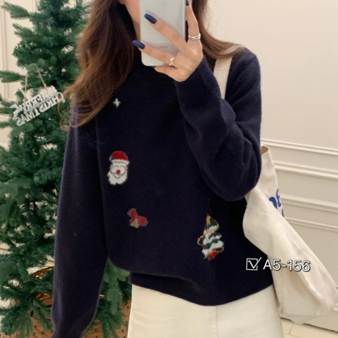156 圣诞风提花甜美减龄半高领套头毛衣