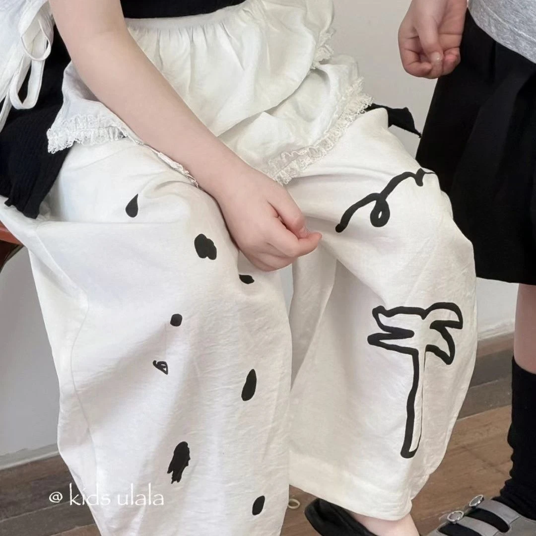 儿童夏季新款直筒裤男女宝韩版宽松印花九分裤中小童薄款棉麻休闲