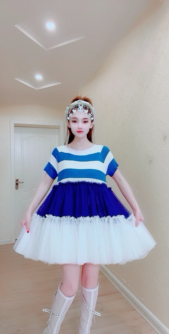 【面条家】5247#夏季仙仙针织条纹纱纱拼接连衣裙