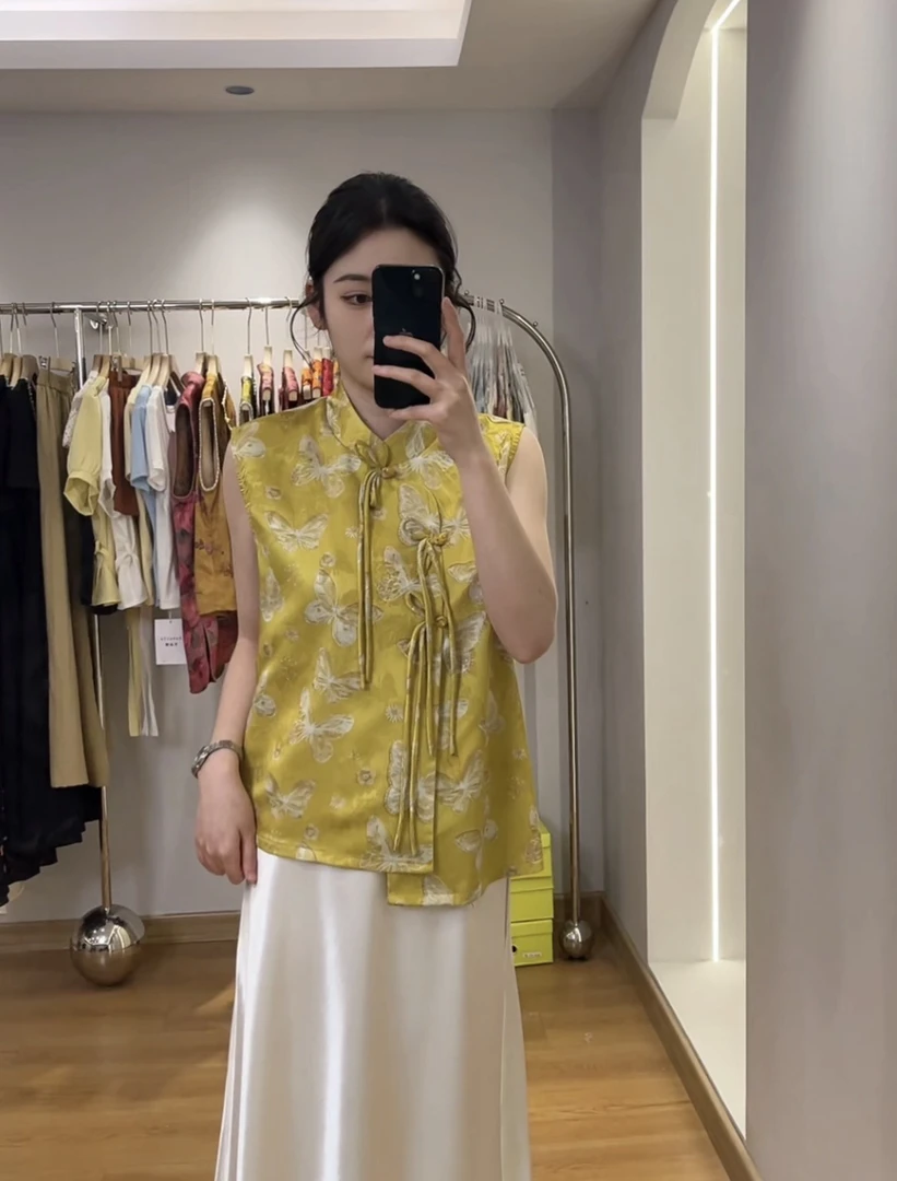 【888】新中式立领国风盘扣无袖雪纺背心女夏款设计感印花挂脖背心
