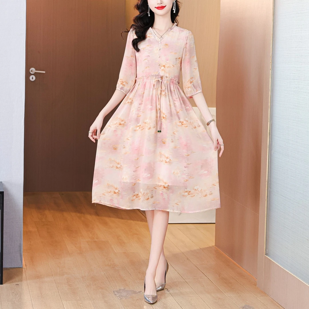 （落叶樱花）2025年夏季蚕丝V领扎染印花高腰显高显瘦气质连衣裙