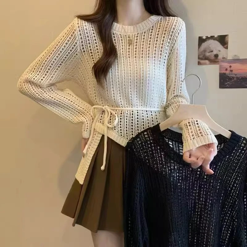 镂空长袖针织衫女春夏季薄款收腰显瘦防晒罩衫不规则系带宽松上衣