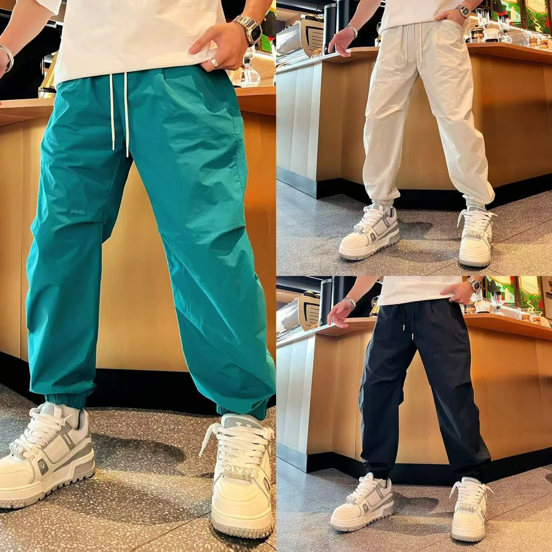 纯色简约百搭时尚潮流字母刺绣宽松立体剪裁褶皱设计感休闲束脚裤