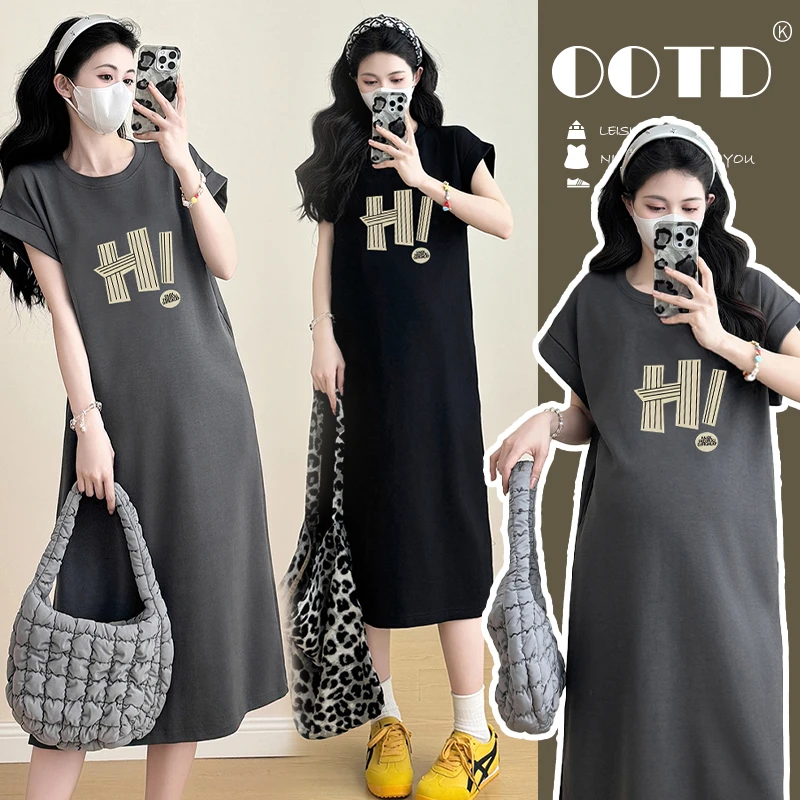 【梦梦妈】孕妇夏季洋气短袖辣妈连衣裙中长款显瘦少女风宽松腰裙子