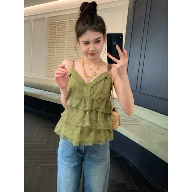 赵小小【梦境重游】千金少女甜美风刺绣荷叶边吊带背心上衣女28637