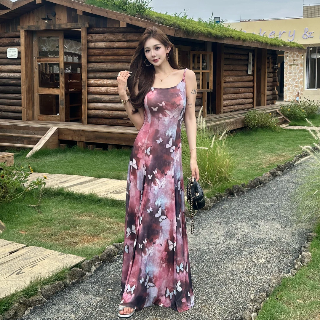 夏季新款网纱碎花裙设计款纽结肩带吊带连衣A摆长裙