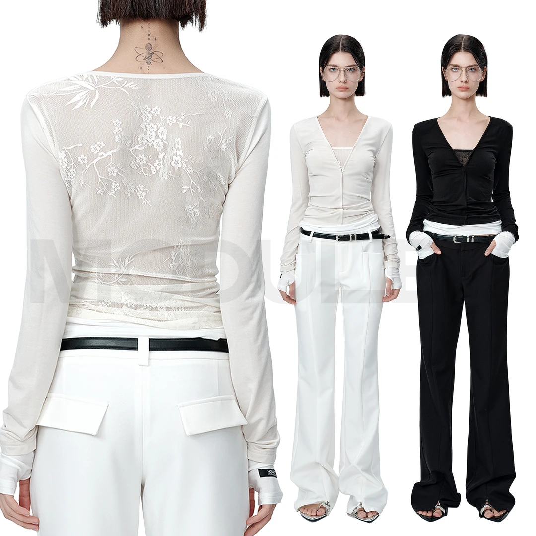 MODULER新款 原创蕾丝拼接V领修身显瘦针织衫 黑色杏色