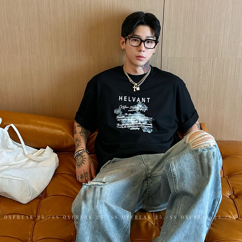 OXFREAK「烟雾字母印花」纯棉重磅短袖t恤男设计感小众宽松半截袖