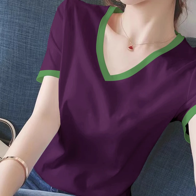 大码胖MM撞色纯棉短袖T恤女2025年新款夏季设计感V领正肩上衣衫潮