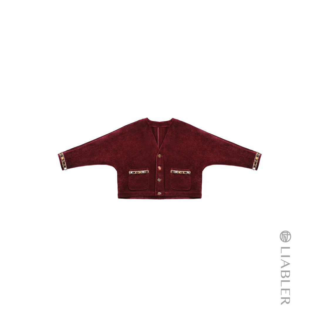 LIABLER/励【春惊桃时】绒感V领花边短款外套LAW241340S