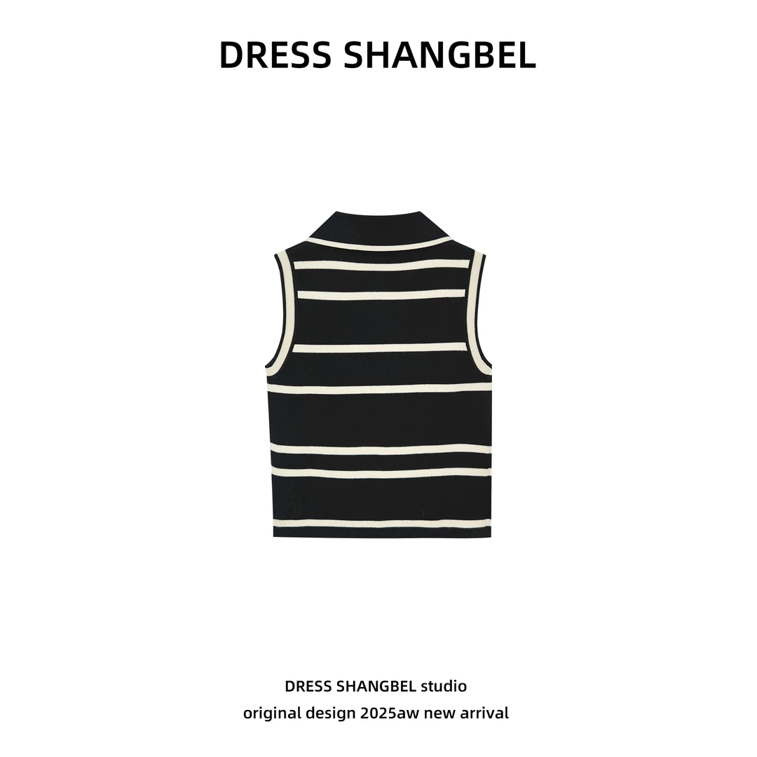 DRESS-2025夏季新款C51撞色条纹翻领无袖背心针织5082