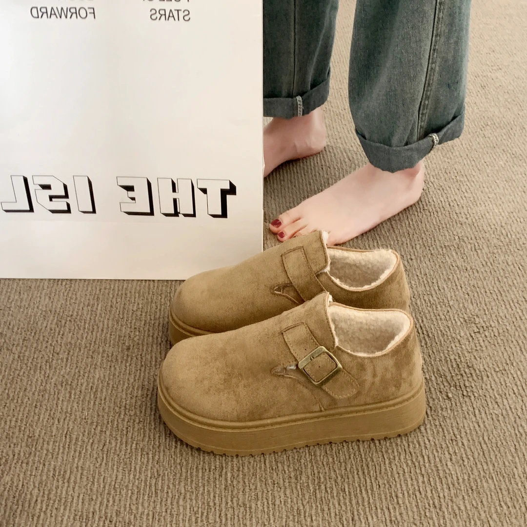 厚底加绒勃肯鞋女2025新款冬季一脚蹬乐福鞋低帮雪地靴保暖棉鞋子