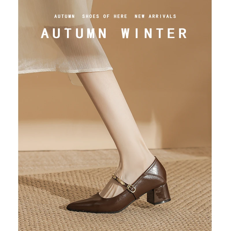 【小金条】真皮尖头一字带高跟鞋女2025新款中跟玛丽珍气质中跟单鞋