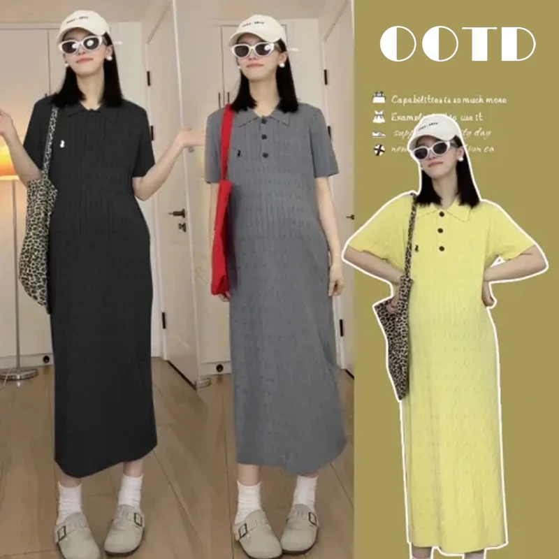 孕妇装夏装连衣裙春夏小个子气质老钱风POLO领刺绣针织短袖显瘦