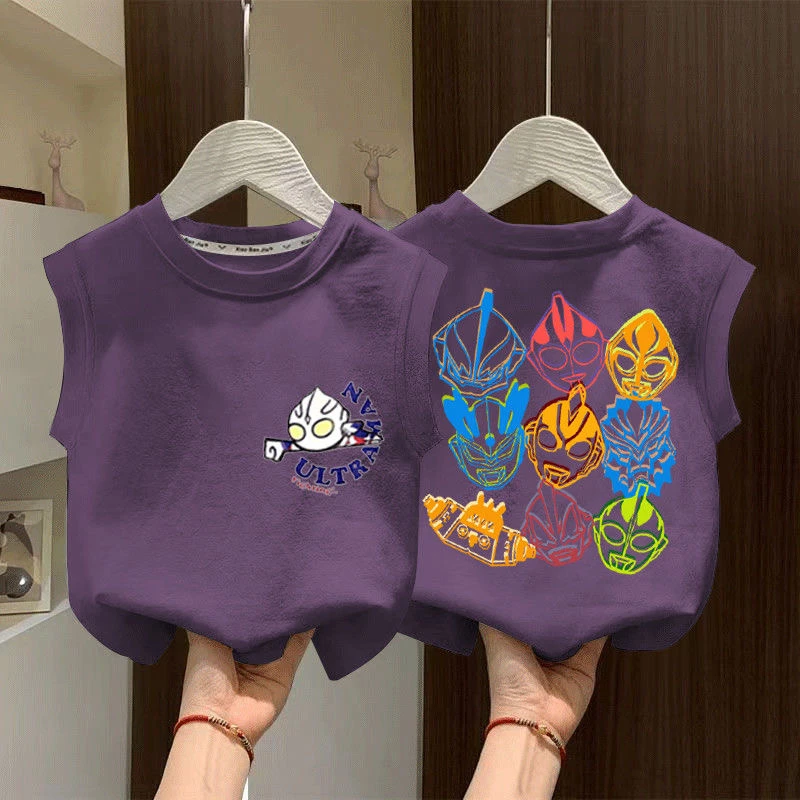 洋气纯棉背心新款夏季男童奥特曼印花无袖T恤中大童宝宝外穿上衣t