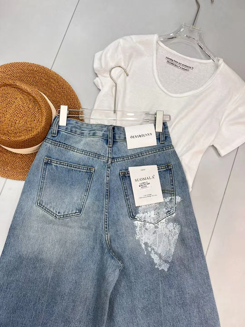 十三行蕾丝映花七分牛仔裤