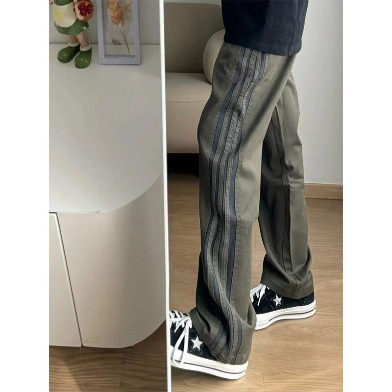 美式复古潮牌水洗三条杠条纹裤子男款夏季工装裤垂感直筒休闲长裤