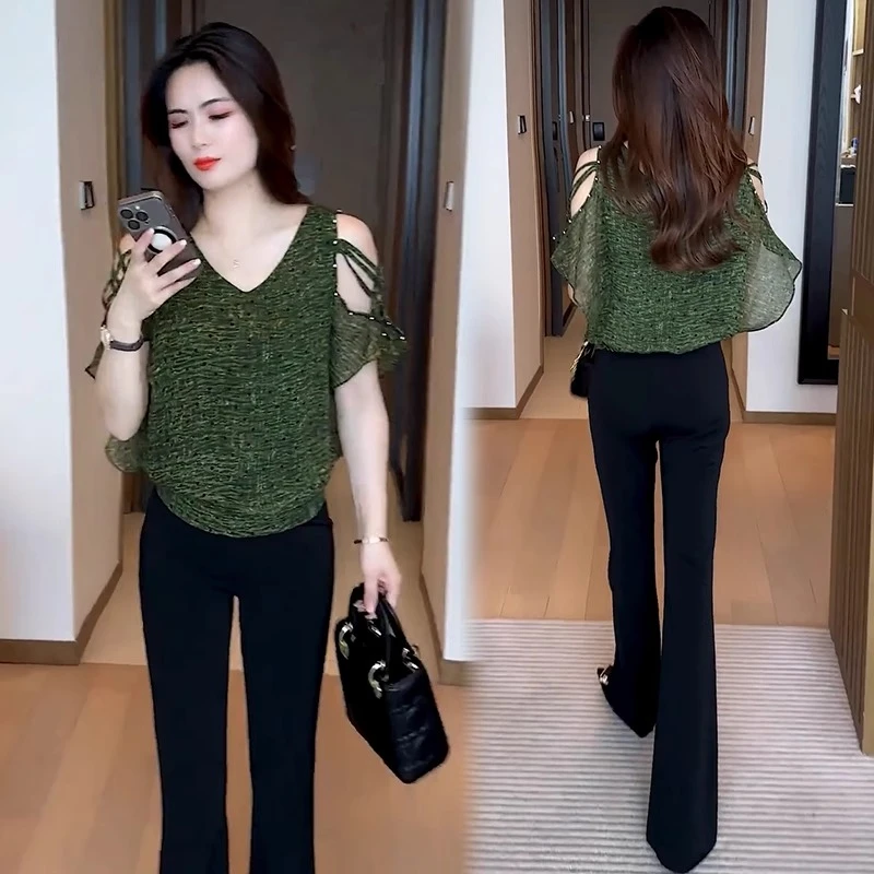 时尚雪纺短袖衬衫女2025夏季新款洋气减龄显瘦百搭蝙蝠袖漏肩上衣