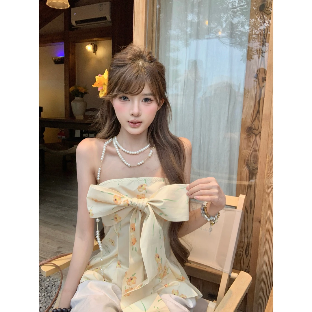 法式黄色碎花抹胸背心女夏季绝美蝴蝶结裹胸甜辣海边度假外穿上衣
