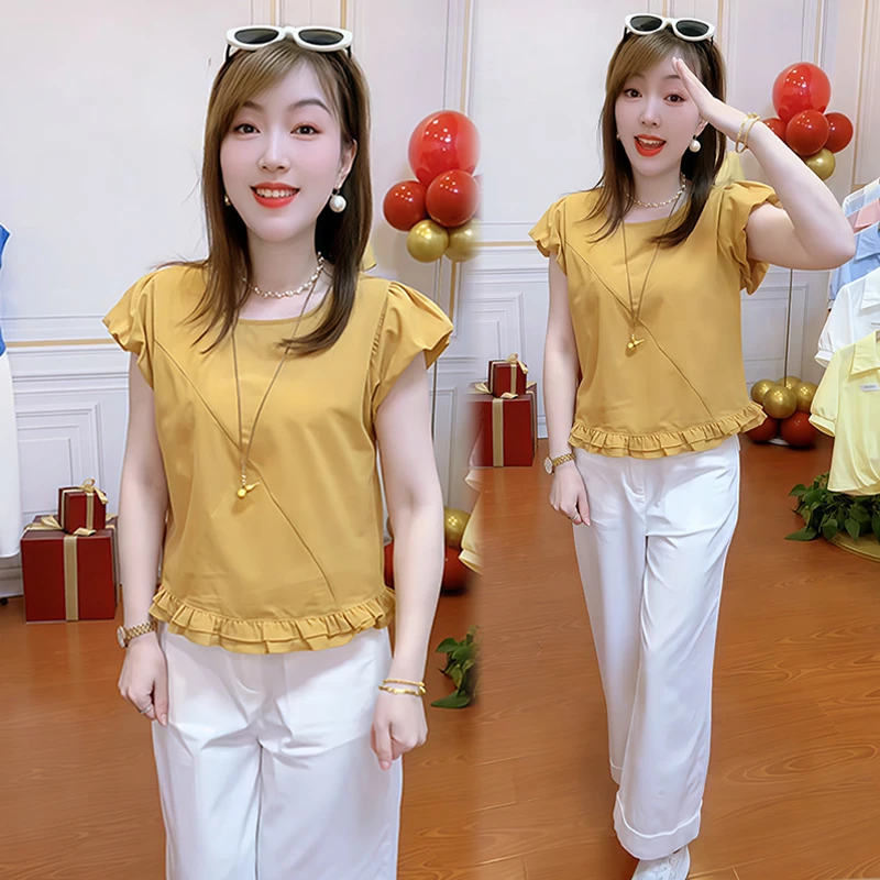 韩系木耳边花苞袖衬衫女2025年夏季新款时尚减龄小衫独特别致上衣