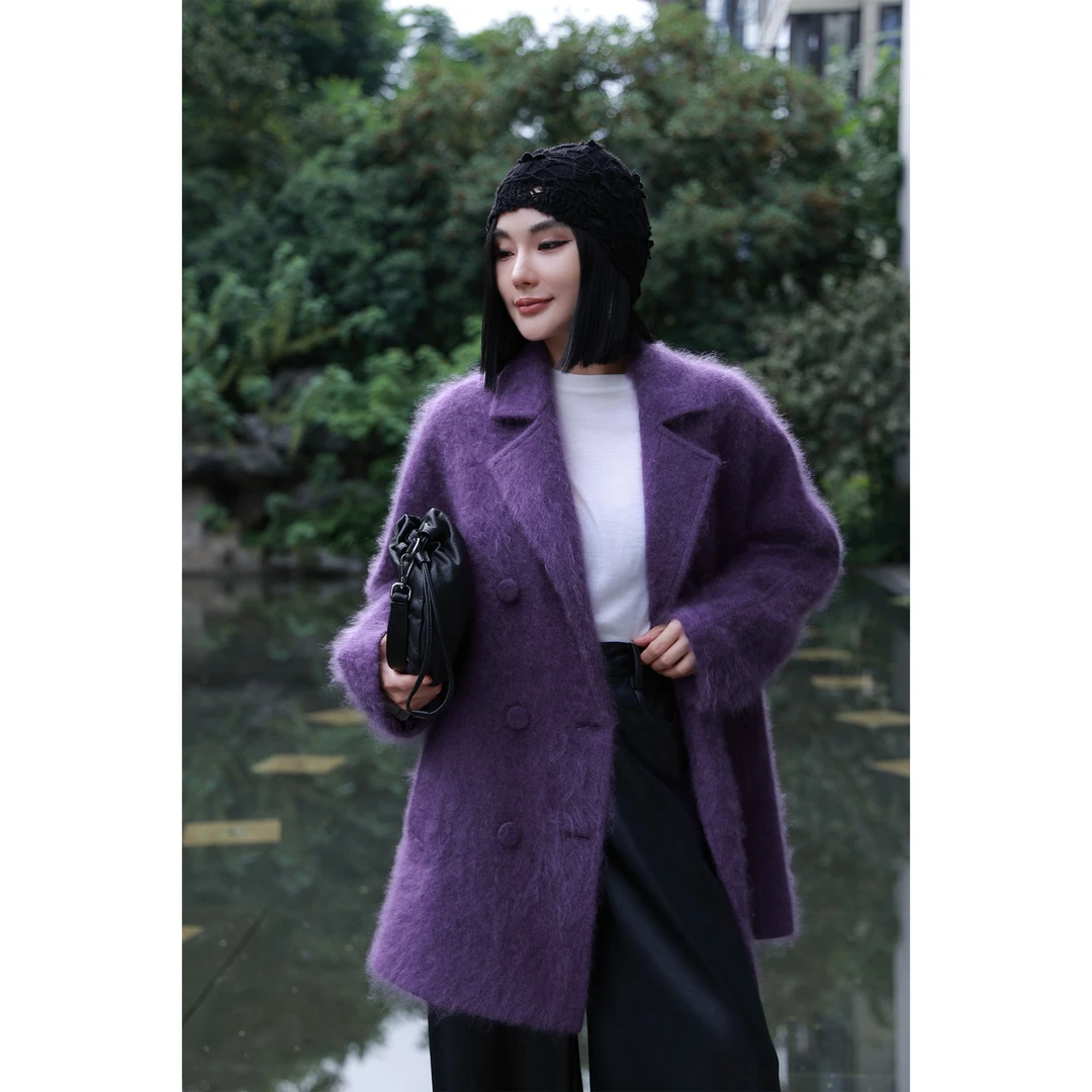 【妙妙精选】HUANGNAJI秋冬中长款时尚气质山羊绒拉毛大衣1155