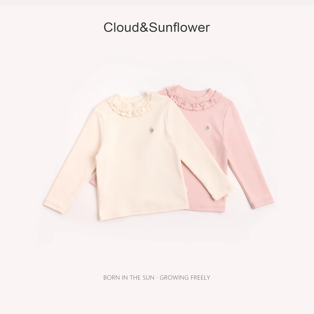 【云朵小葵】女童秋季纯色小花刺绣圆领捏褶百搭打底衫991188