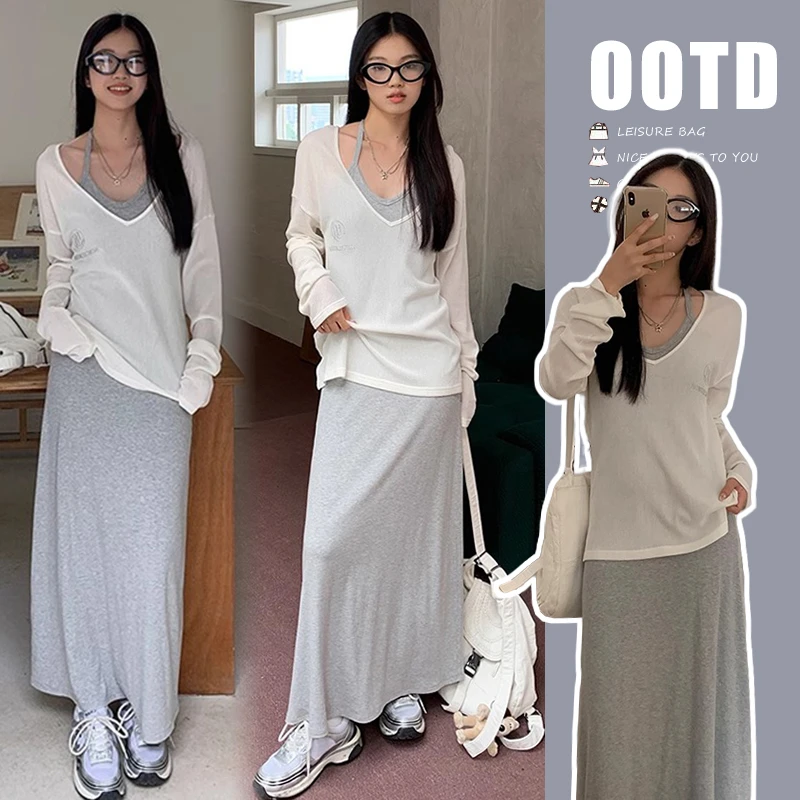 2025新款孕妇春季慵懒风V领长袖T恤防罩衫上衣挂脖显瘦连衣裙套装