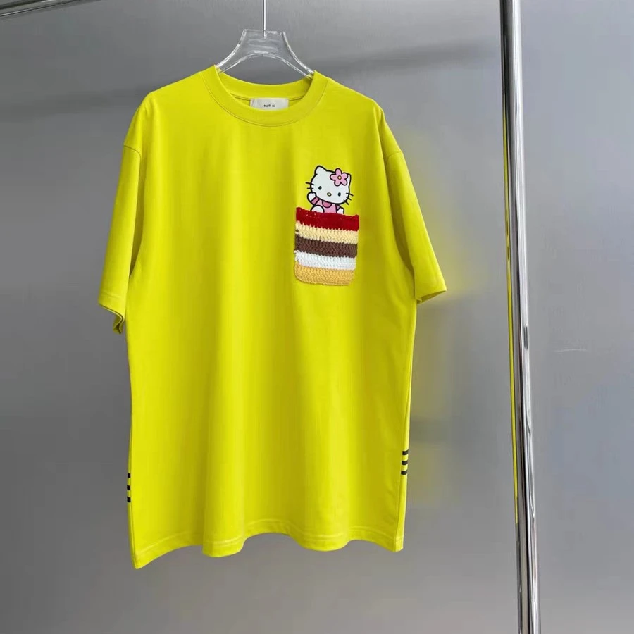 春季出游 小众潮牌纯棉时尚kitty猫毛线针织口袋宽松版T恤