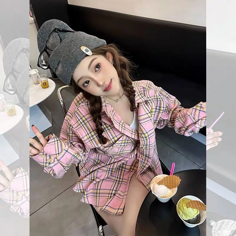 韩版甜美粉黄色格子宽松衬衫款休闲法式设计感宽松百搭长袖衬衣潮