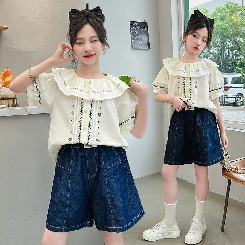 夏季新款女孩套装法式甜美娃娃领上衣大童网红洋气牛仔短裤两件套