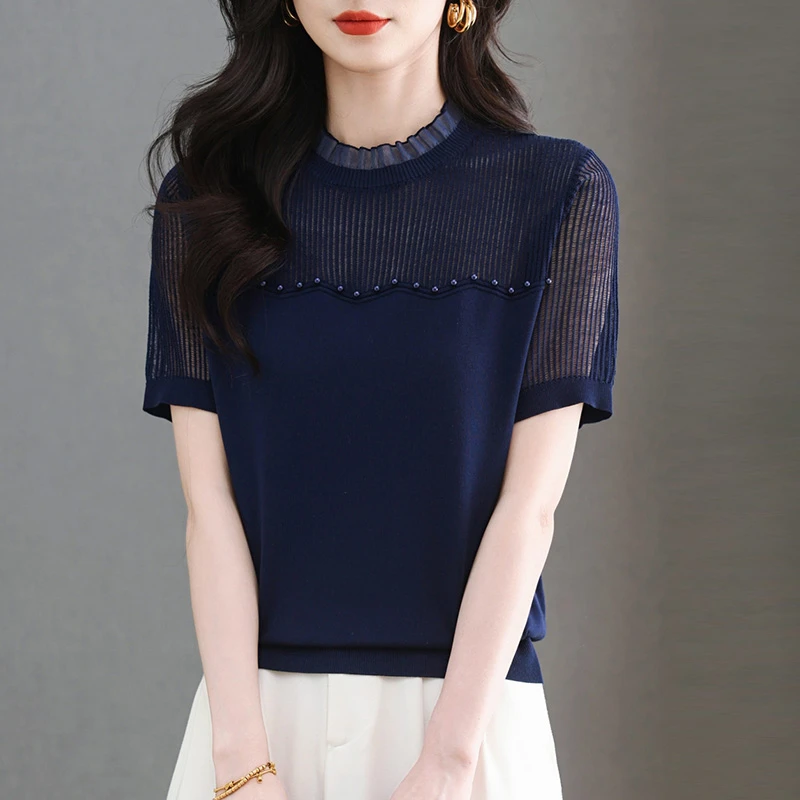 女士短袖t恤夏季2025新款薄款轻奢高级感镂空天丝针织衫妈妈上衣