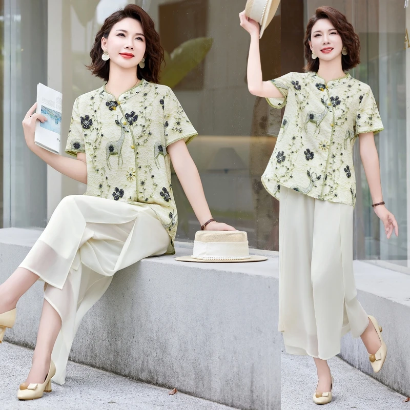 2025年新款妈妈夏装两件套套装薄款中老年女上衣时尚aa6638