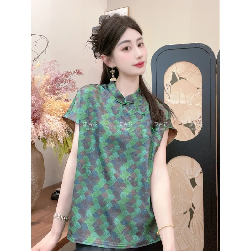 【观山】2025夏季气质拼接短袖百搭显瘦新中式短袖女日常T恤