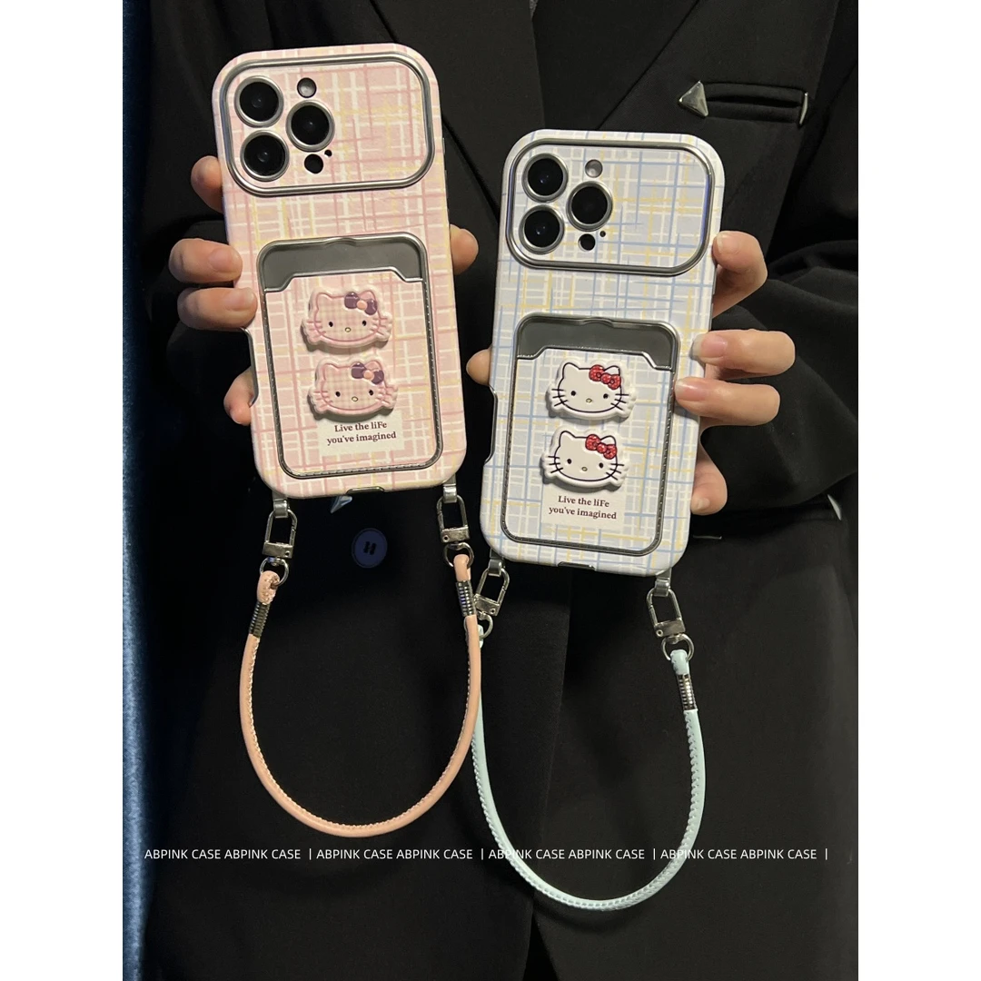 韩系ins粉蓝格纹KT猫手提绳款适用iPhone17ProMax苹果16/15手机壳