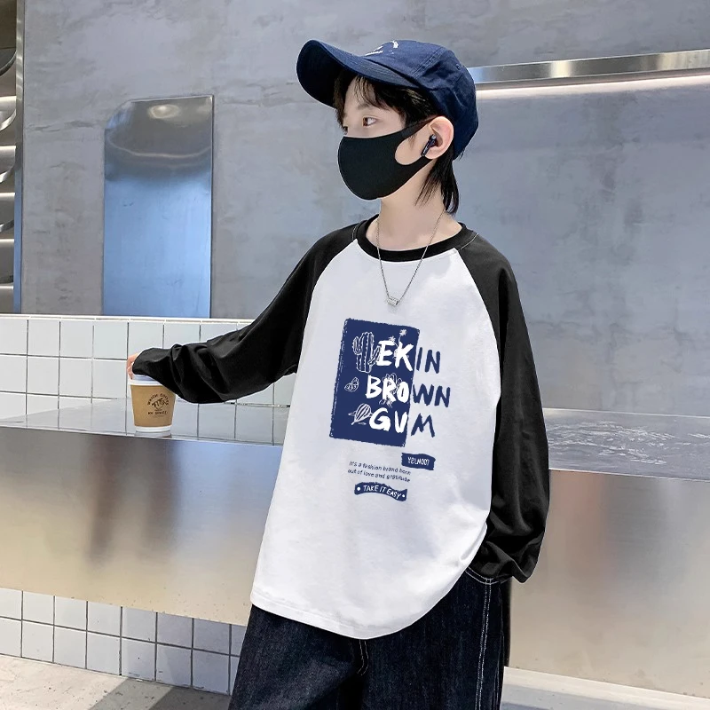 儿童插肩长袖t恤男童青少年宽松休闲打底衫秋款潮牌纯棉圆领衣服