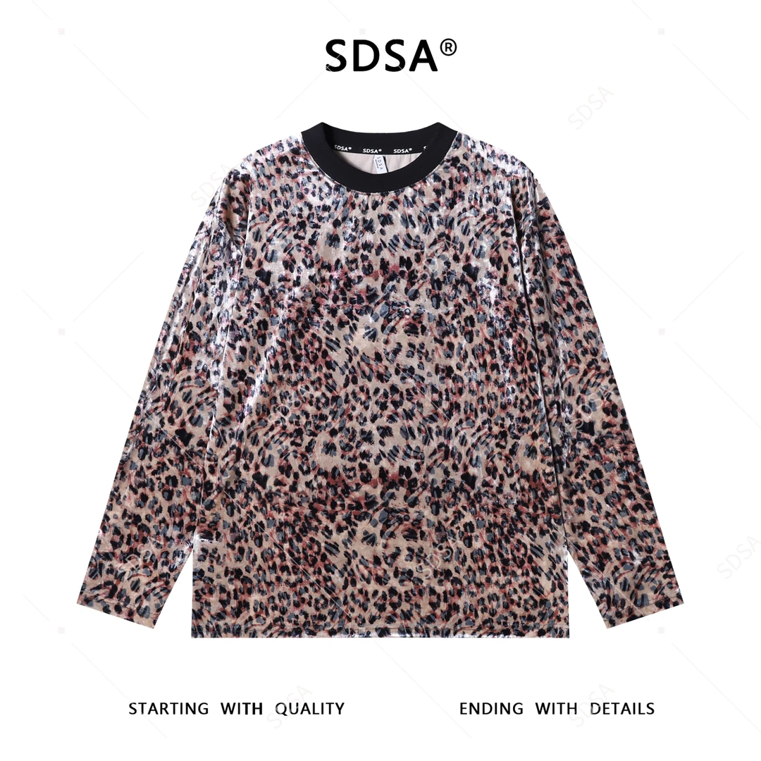 SDSA男士秋冬新款轻奢痞帅男装撞色豹纹植绒圆领长袖T恤高街百搭