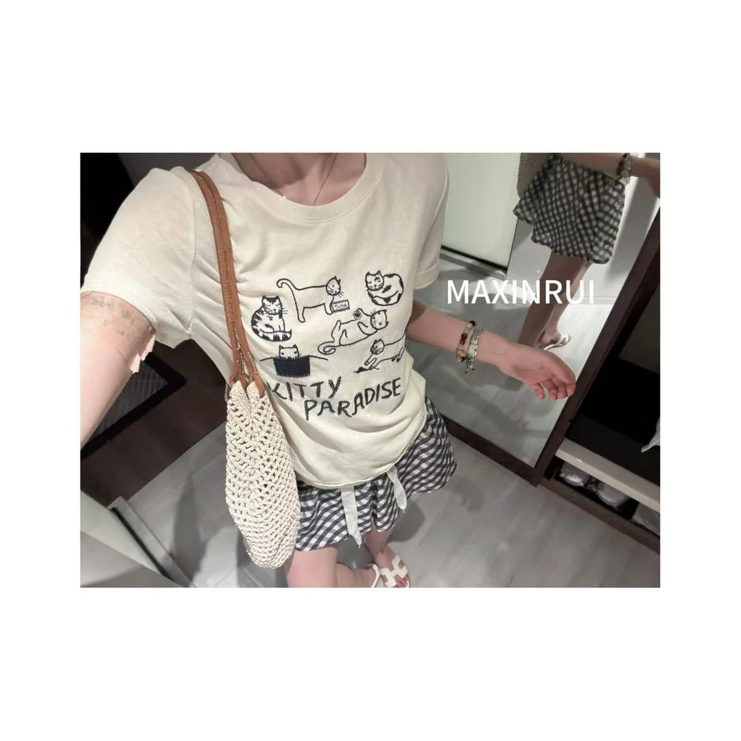 MAXINRUI 【刺绣Kitty】25ss减龄时尚百搭短袖RRT25128