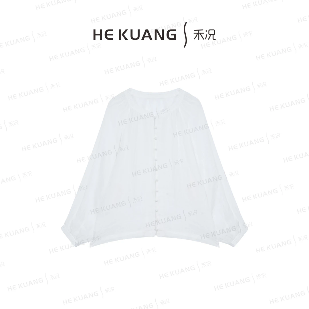禾况HEKUANG【栀子花开】白色圆领长袖轻薄防晒衬衫上衣C652 0065