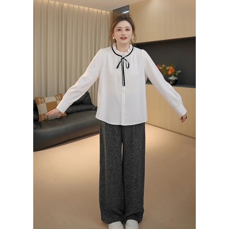 【胖佳佳】现货~艺术画报 长袖系带衬衫秋季气质百搭小衫H625Z14221