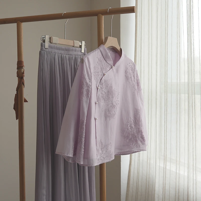 3234《白薇》夏季新中式原创设计感中式改良上衣国风绣花立领衬衫