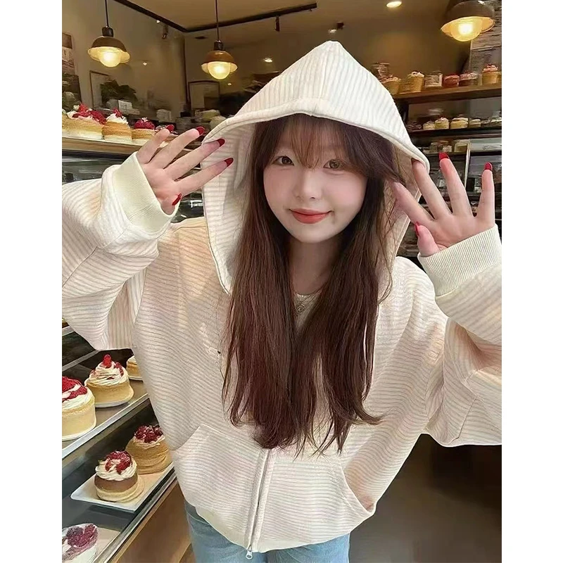 条纹少女刺绣连帽卫衣女秋冬款宽松设计感小众开衫拉链外套#WY145