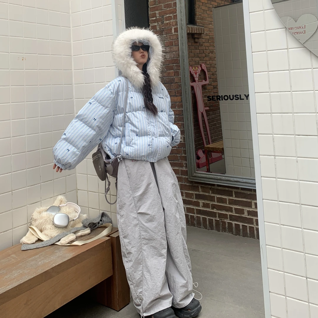 198布丁 粉色设计感蝴蝶可拆卸毛领甜美棉服女冬季美式短款面包服