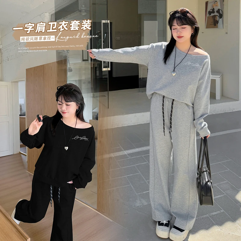 【红袖雨】大码女装2025早春新款斜肩长袖卫衣直筒裤显瘦套装132030