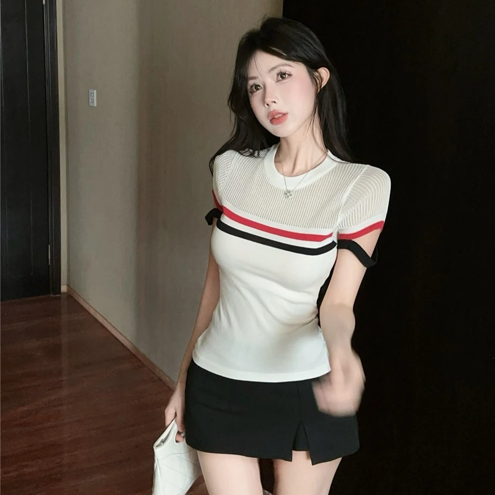白色小众女装纯欲辣妹针织短袖T恤夏季新款半透明修身显瘦小上衣